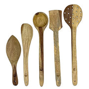 Palm Naki Indian Rosewood Cooking Spoons - 5pc Set - Wood Cooking Utensils, Non Stick Wooden Spoon Set, Decorative Kitchen Utensils Cloth Storage Pouch Included