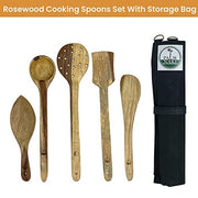 Palm Naki Indian Rosewood Cooking Spoons - 5pc Set - Wood Cooking Utensils, Non Stick Wooden Spoon Set, Decorative Kitchen Utensils Cloth Storage Pouch Included
