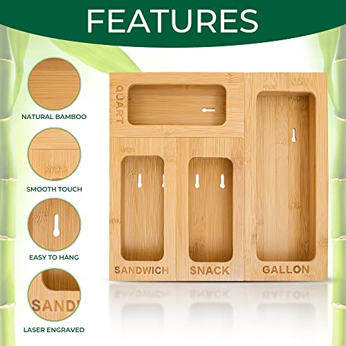Palm Naki Bamboo Ziplock Bag Organizer for Drawer | Storage Bag Organizer & Bag Holder for Kitchen Plastic Bag Storage | Organizer for Gallon